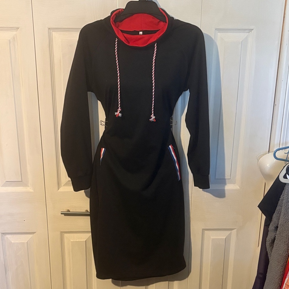 Navy Blue Hoodie Dress with Red Lined Hood